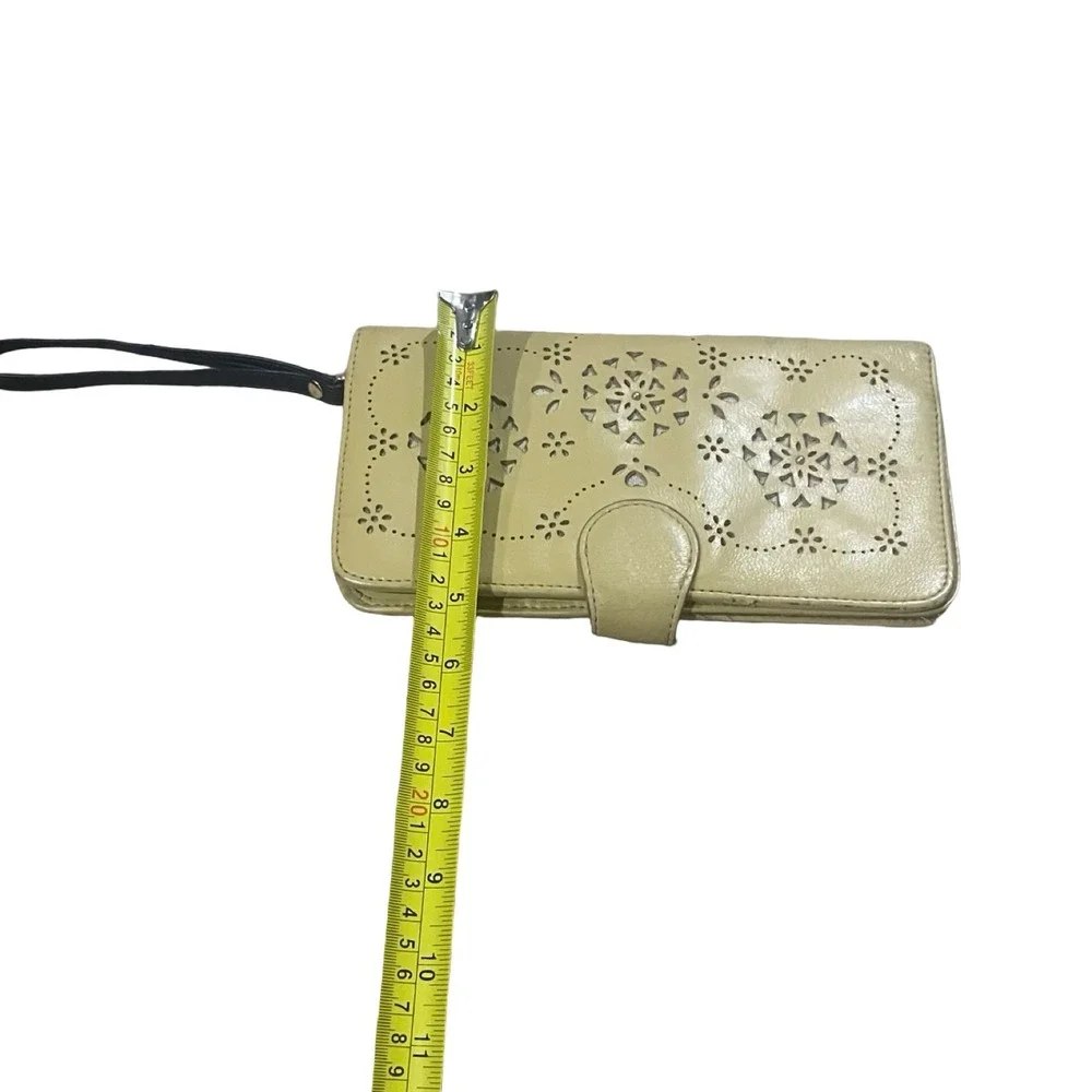 Brighton Yellow Leather Laser Cut‎ Floral Wristlet Wallet Organizer Snap Closure